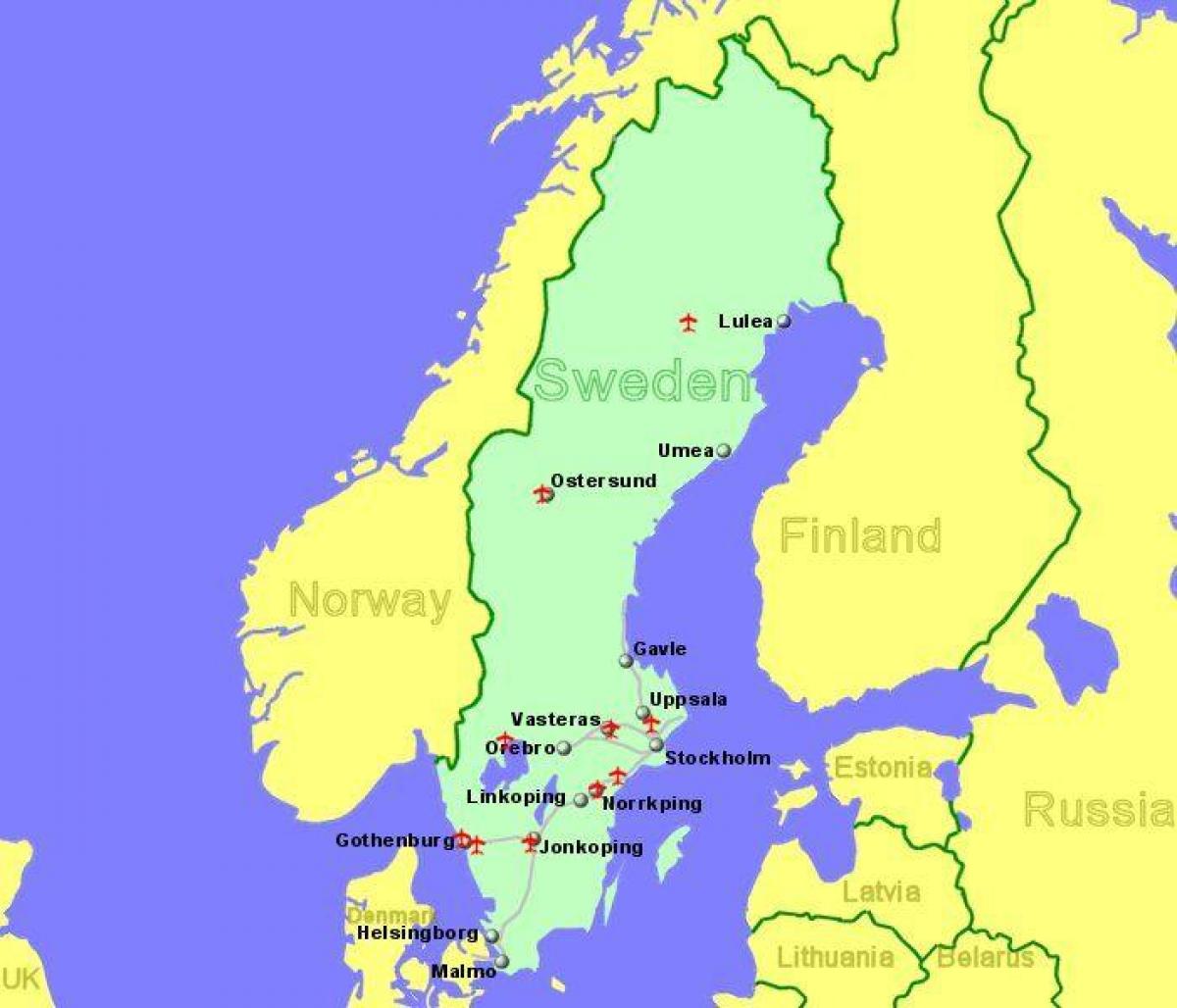 la carte des aéroports en Suède