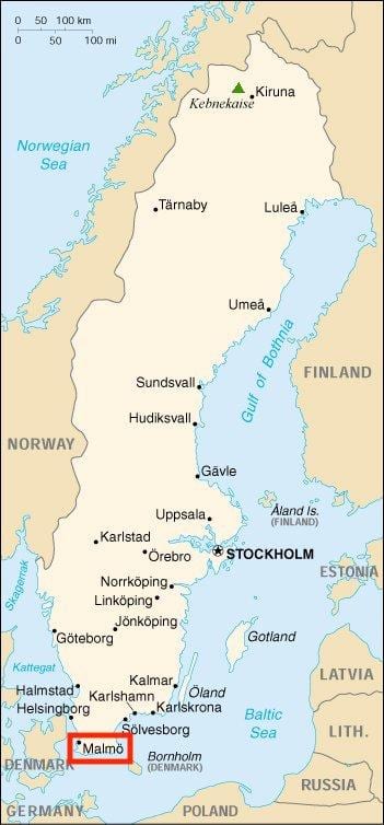 En suède, malmö carte