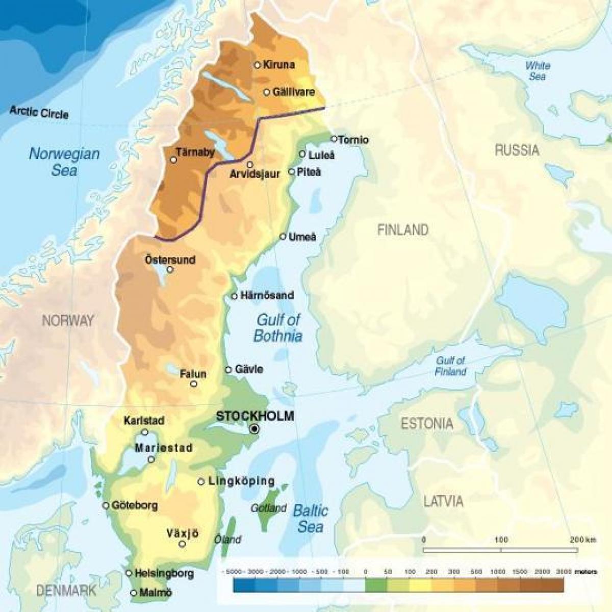 carte de la Suède, de l'élévation
